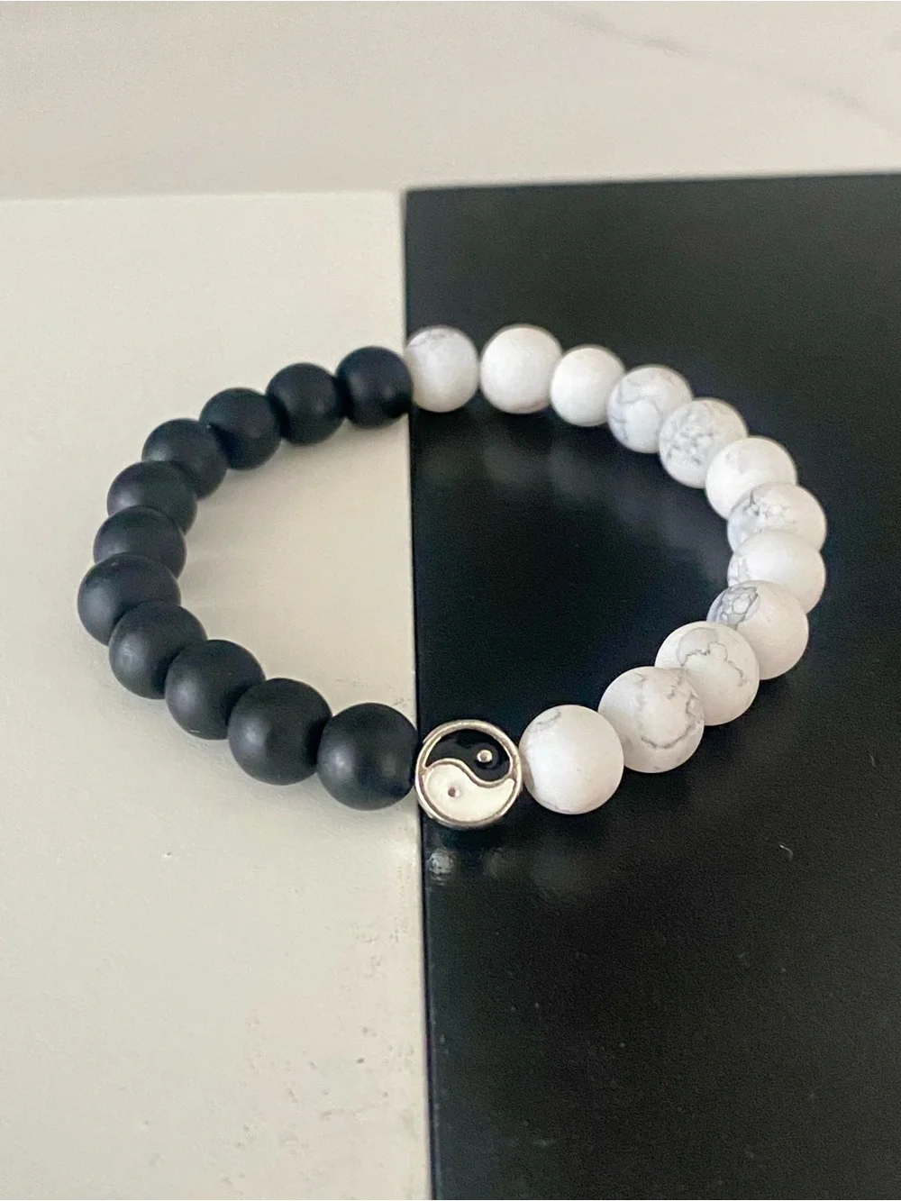 Yin Yang Beaded Stretch Bracelet Set - Black and White